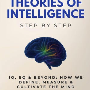 Puede incluir: Portada de libro con el título "THEORIES OF INTELLIGENCE" en azul. El subtítulo es "STEP BY STEP". Un gráfico de cerebro azul con reflejos coloridos está centrado. El texto debajo dice "IQ, EQ & BEYOND: HOW WE DEFINE, MEASURE & CULTIVATE THE MIND".
