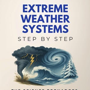 May include: Book cover titled "Extreme Weather Systems" with illustrations of a tornado, waves, and lightning. The book's subtitle is "Step by Step." The cover also includes the text "The Science Tornadoes, Hurricanes, Blizzards, and World's Most Dangerous Weather Events."