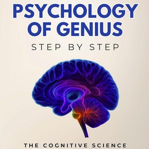 May include: Book cover titled "PSYCHOLOGY OF GENIUS" with a blue and purple brain illustration. The text "STEP BY STEP" is above the brain image. Below the brain, the text reads "THE COGNITIVE SCIENCE BEHIND EXTRAORDINARY ACHIEVEMENT: HOW EXCEPTIONAL MINDS THINK, CREATE & DECIDE".