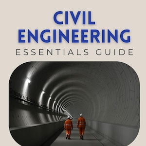 Peut inclure: Couverture de livre intitulée "Civil Engineering Essentials Guide" avec le texte "An Introduction to Structures, Systems & the Built Environment." L'image montre deux personnes en combinaison orange marchant dans un tunnel.