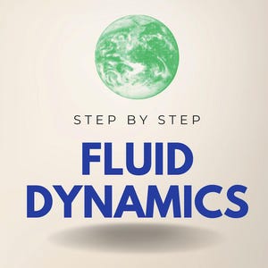 Puede incluir: Portada de libro con el título "FLUID DYNAMICS" en letras azules grandes. La portada presenta un gráfico circular verde en la parte superior y el texto "STEP BY STEP" encima del título. Debajo del título está el texto "A STRUCTURED APPROACH TO FLOW MECHANICS - THEORY & APPLICATIONS".