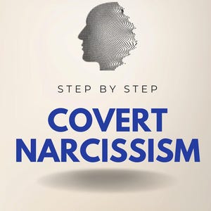 May include: A book cover with the title "COVERT NARCISSISM" in large blue letters. The cover features a dotted profile of a person's head and the text "STEP BY STEP" above the title. The author's name is at the bottom.