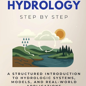 May include: A book cover with the title "HYDROLOGY" in blue, and "STEP BY STEP" below it. The cover features an illustration of a water cycle with clouds, rain, a river, and a sun. The text "A STRUCTURED INTRODUCTION TO HYDROLOGIC SYSTEMS, MODELS, AND REAL-WORLD APPLICATIONS" is also present.