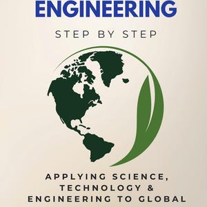 May include: Book cover for "Environmental Engineering" with text in blue and black. The cover features a green globe graphic with a leaf design. The text reads "Applying Science, Technology & Engineering to Global Environmental Challenges."