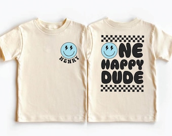 Custom Birthday Boy Shirt One HAPPY Dude Birthday Shirt Matching Birthday Sweatshirts Retro Groovy Checkered Family Birthday Party Outfit