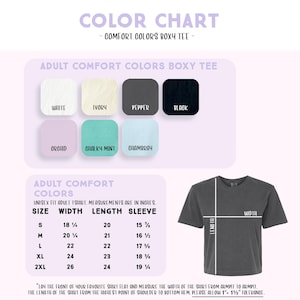 The image is a color chart for a comfortable t-shirt, providing a visual guide for selecting the appropriate size and color based on the user's age and preferred style.
