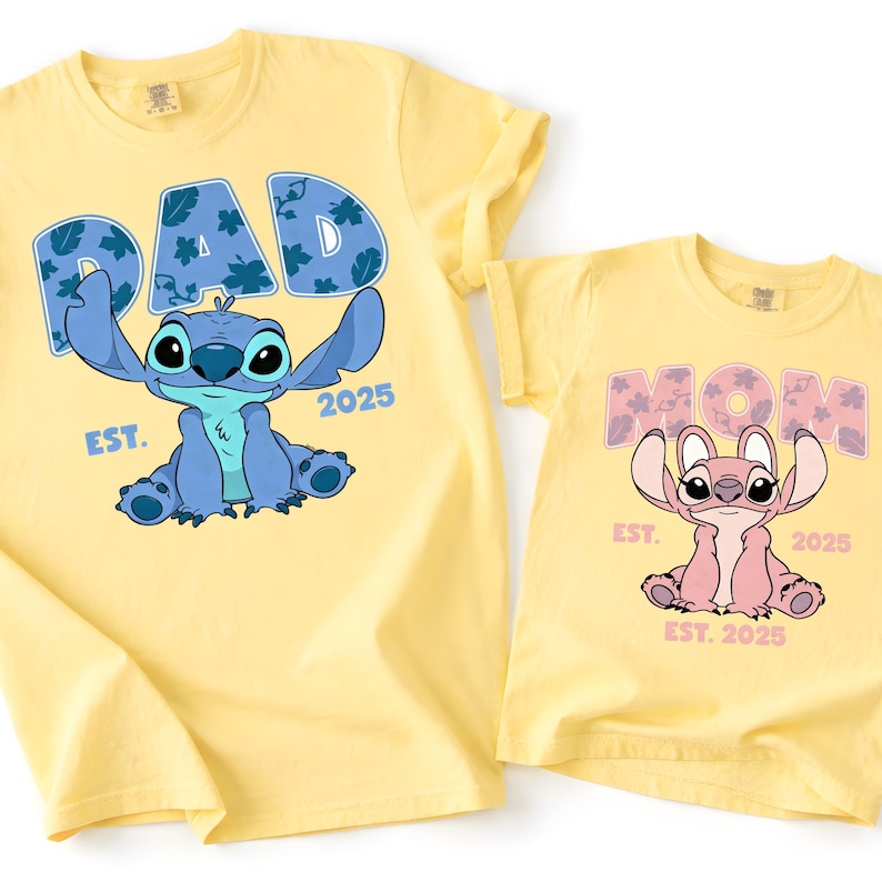 Two yellow t-shirts with the same design featuring the characters Stitch and her offspring, Mom.