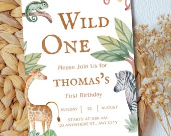 Plantilla de invitación para primer cumpleaños con temática de jungla salvaje - Descarga instantánea
