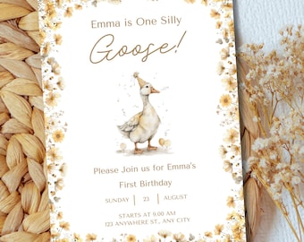 One Silly Goose with Party Hat Birthday Invitation Template - Instant Download