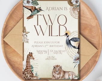 Two Wild Second Birthday Jungle Themed Invitation - Digital Download