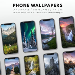 Op de afbeelding: Collectie smartphones met achtergronden van natuur, stadsgezichten en landschappen. De schermen tonen verschillende scènes, waaronder bergen, watervallen en het noorderlicht. De tekst bovenaan luidt "PHONE WALLPAPERS".