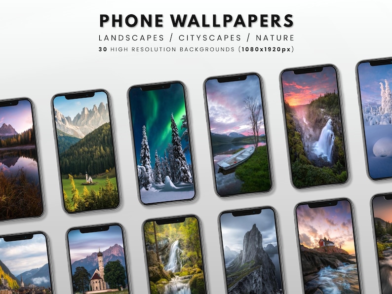 May include: Collection of smartphones displaying nature, cityscape, and landscape wallpapers. The screens showcase various scenes, including mountains, waterfalls, and aurora borealis. The text at the top reads "PHONE WALLPAPERS".