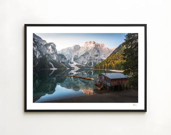Mountain Lake Print, Dolomites Italy Wall Art, Autumn Landscape Photography, Horizontal Nature Poster