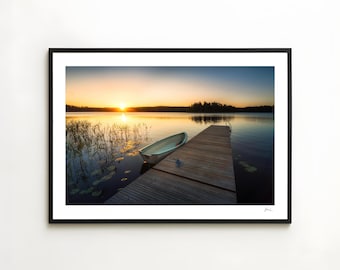 Nordic Sunrise Print, Scandinavian Nature Poster, Swedish Lake Landscape Photo, Cottagecore, Minimalist Wall Art