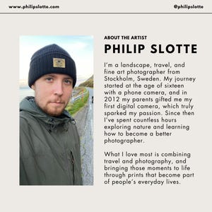 May include: A portrait of Philip Slotte, a landscape and travel photographer from Stockholm, Sweden. He is wearing a black beanie and a green jacket. The image includes the website address www.philipslotte.com and the Instagram handle @philipslotte.