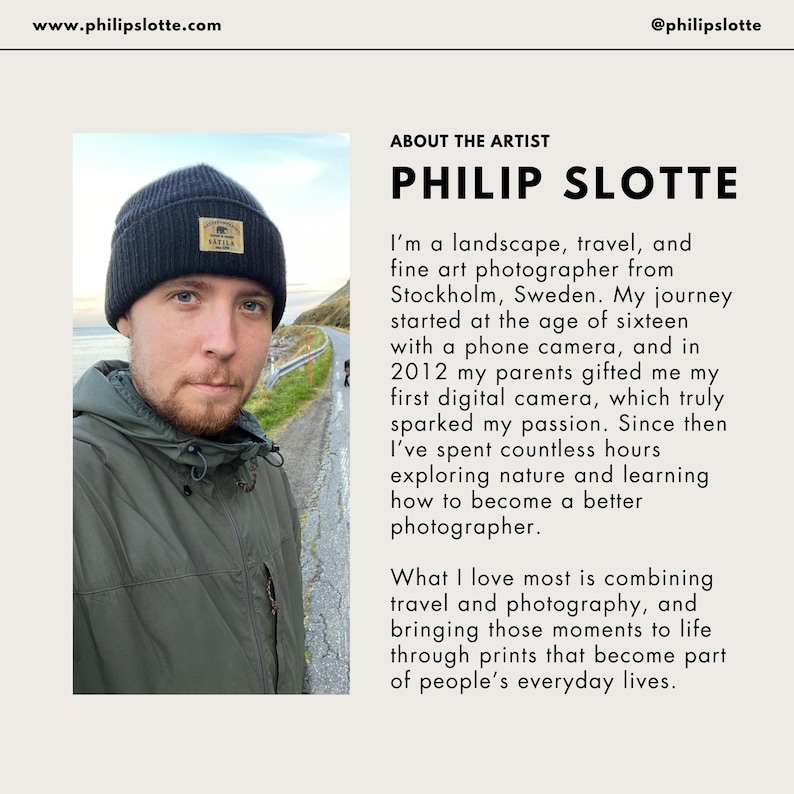 May include: A portrait of Philip Slotte, a landscape and travel photographer from Stockholm, Sweden. He is wearing a black beanie and a green jacket. The image includes the website address www.philipslotte.com and the Instagram handle @philipslotte.