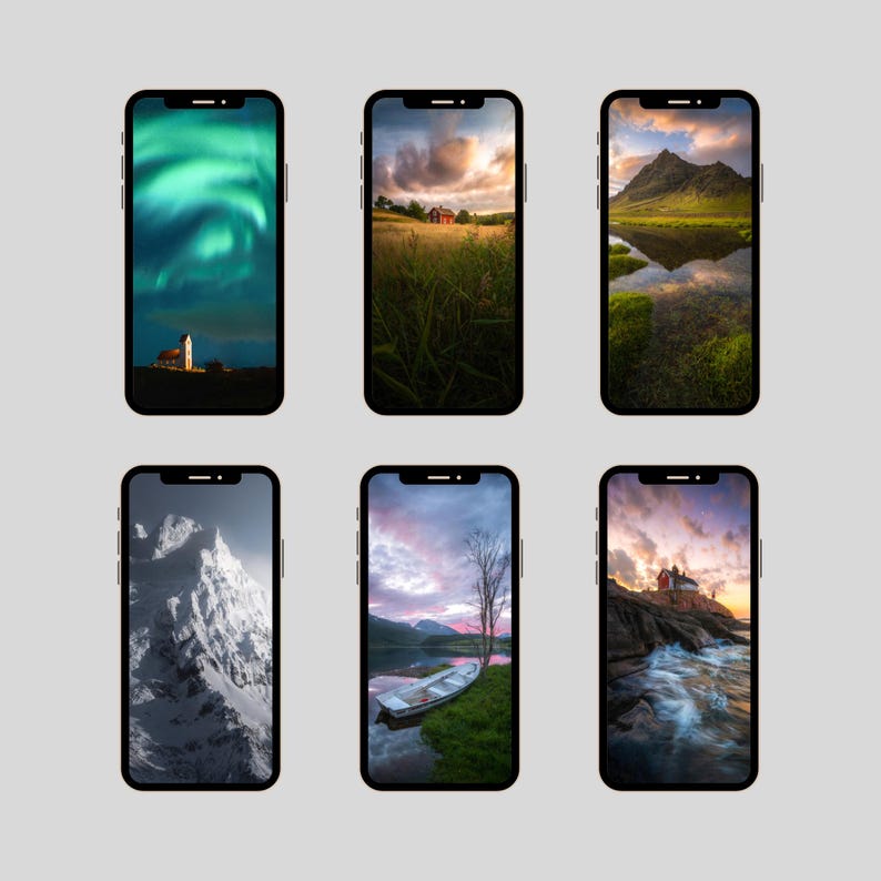 May include: Six smartphones with different landscape wallpapers. The wallpapers include images of the Northern Lights, a red house in a field, a mountain reflected in water, a snow-covered mountain, a boat on a lake, and a house on a rocky coast.