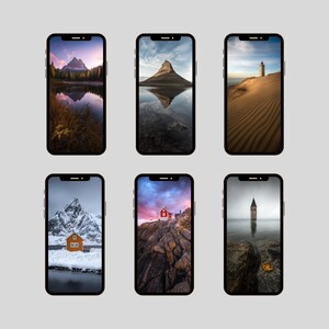 May include: Six smartphones displaying scenic landscape wallpapers. The images feature mountains, lakes, a lighthouse, and a small red house. The screens showcase a variety of natural environments, including snowy peaks and coastal scenes.