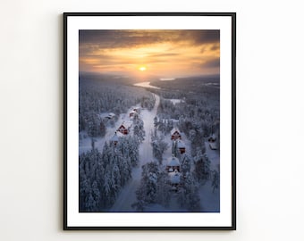 Winter Village Print, Swedish Lapland Photography Poster, Vertical Christmas Wall Decor, Aerial Photo