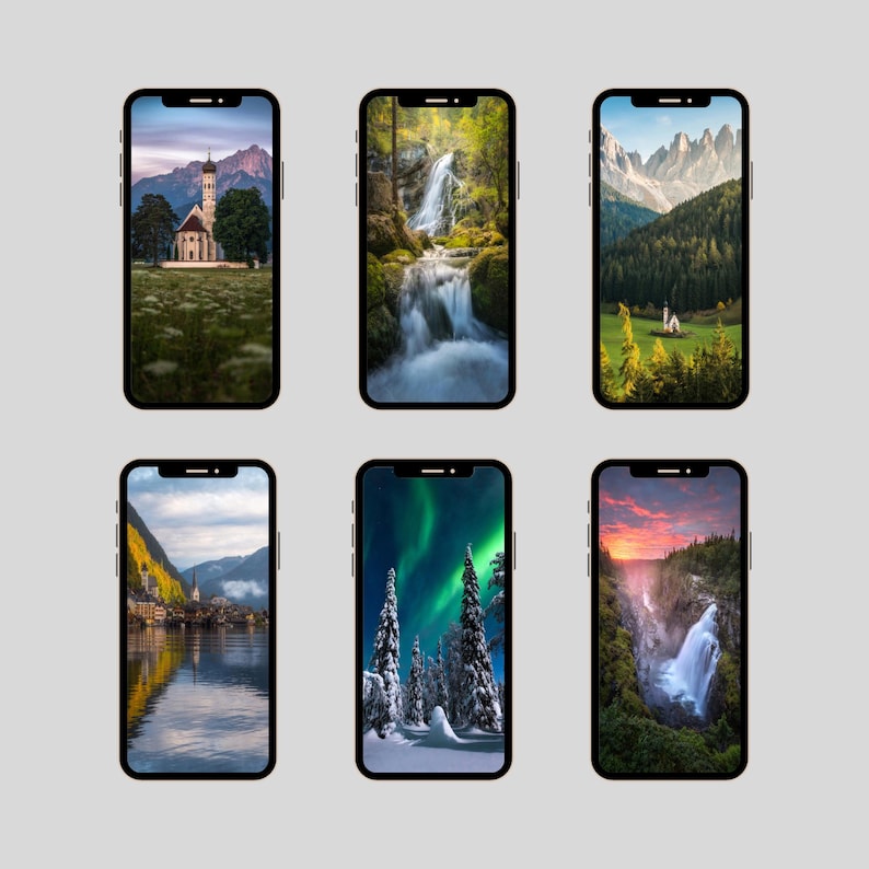 May include: Six smartphones displaying scenic landscape wallpapers. The images include a church in a field, a waterfall, mountain views, a lakeside town, the Northern Lights, and a waterfall at sunset.