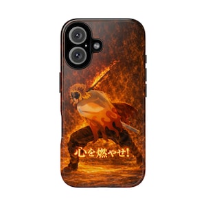May include: A phone case featuring a fiery illustration of a character with a sword, set against a background of flames. The design includes Japanese text. The case is black with a glossy finish, offering protection and a striking visual.