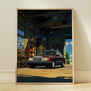May include: A framed print featuring a maroon sedan parked inside a vintage garage. The car is the focal point, with a detailed front grille and headlights. The garage setting includes machinery and a glimpse of a blue sky through the open door, creating a nostalgic scene.