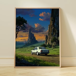 Puede incluir: Impresión artística enmarcada de una escena de paisaje con un coche blanco en un camino de tierra. La obra de arte representa un entorno de fantasía con un castillo, montañas y un cielo colorido. La impresión se exhibe en un suelo de madera.