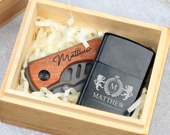 Engraved Groomsmen Pocket Knife Gift | Handmade Damascus Folding Pocket Knife |Folding Knife and Lighter Gift Set for Men |Birthday,Dad gift