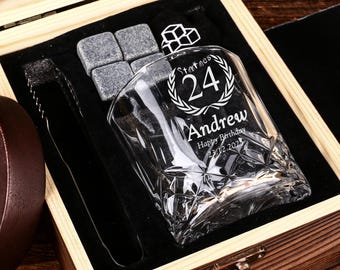 Juego de vasos personalizados para cumpleaños, juego de regalo de vasos de whisky, ideas para regalos, regalo de cumpleaños número 18, 24, 30 y 20 para hombres, para él, para papá o para hijo.