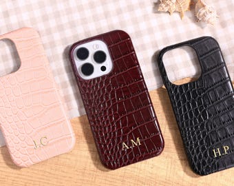 Funda de piel de cocodrilo personalizada para iPhone, funda personalizada con iniciales para iPhone 17, 16 y 15 Pro Max, regalo para él y para ella.