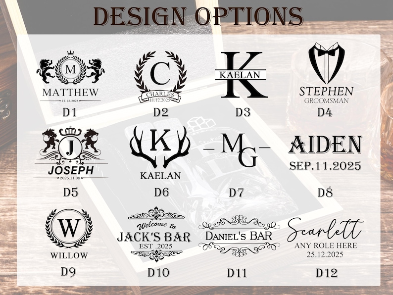 Puede incluir: Una selecci&oacute;n de opciones de dise&ntilde;o personalizadas para grabar. Los dise&ntilde;os incluyen monogramas, nombres, fechas y frases. El texto est&aacute; en una variedad de fuentes y estilos, adecuado para regalos o productos personalizados.