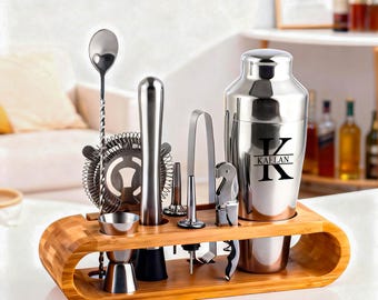 Aangepaste gegraveerde stalen whisky-cocktailshakerset, gepersonaliseerde aangepaste whisky-wijnset, martini-barmangereedschap, cadeau voor vader echtgenoot