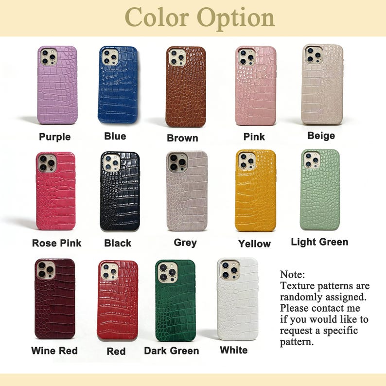 May include: A selection of phone cases in various colors, including purple, blue, brown, pink, beige, rose pink, black, grey, yellow, light green, wine red, red, dark green, and white. Each case has a textured pattern and is labeled with its color.