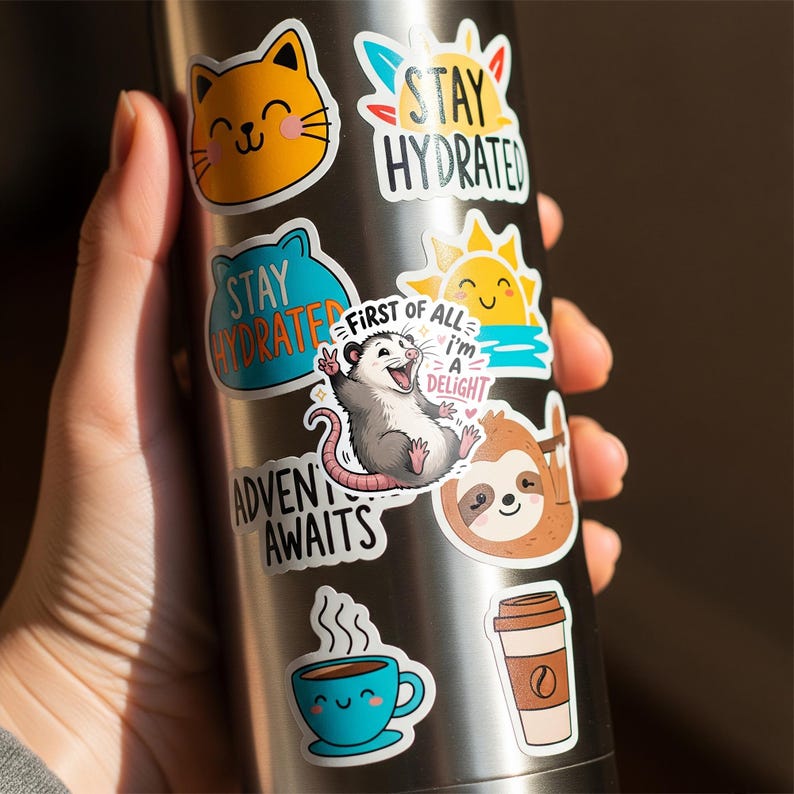 Puede incluir: Una colecci&oacute;n de pegatinas coloridas en una botella de agua de acero inoxidable. Las pegatinas presentan ilustraciones de un gato, un perezoso, una zarig&uuml;eya, una taza de caf&eacute; y un sol. El texto incluye "Stay Hydrated", "Adventure Awaits" y "First of all I'm a Delight".