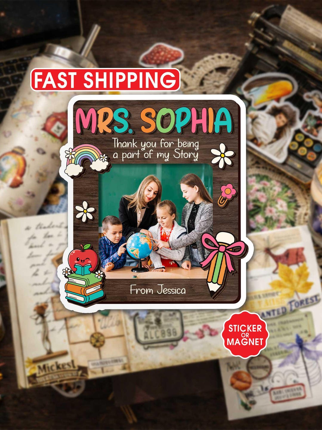 Magnet Back For Sticker Custom Photo Sticker Magnet, Personalized Teacher Name Fridge Magnet ...