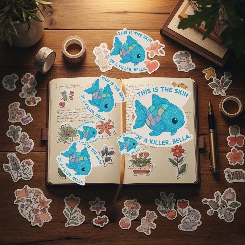 May include: An open notebook surrounded by stickers and stationery on a wooden surface. The stickers feature a blue fish design with the text "THIS IS THE SKIN OF A KILLER, BELLA." Other stickers include floral and animal illustrations.