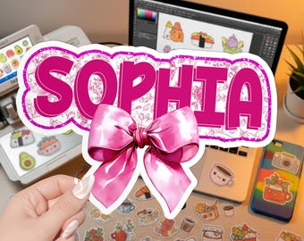 Custom Name Sticker, Personalized Preppy Coquette Bow Sticker, Aesthetic School Spirit Waterproof Vinyl Die-Cut Sticker for Laptop, Tumbler
