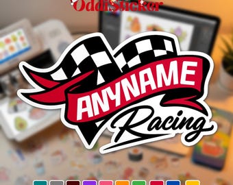 Custom Racing Name Sticker, Personalized Racer Name with Flag Magnet, Waterproof Vinyl Car Motorbike Sticker, Racing Team Gift for Players