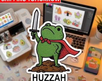 Huzzah Frog with Sword Sticker, Funny Medieval Frog Knight Sticker Renaissance Faire Frog Sticker, Cute Frog Sticker for Laptop Water Bottle
