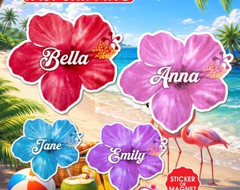 May include: Beach-themed stickers or magnets featuring hibiscus flowers with names: Bella, Anna, Jane, and Emily. The image includes a beach scene with a beach ball, coconut, and flamingo. The text "Fast Shipping" is also present.