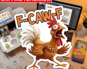 Funny Screaming Chicken Sticker, F Caw F Meme Vinyl Decal, Chicken Humor Sticker, Waterproof Sticker for Laptop Water Bottle Gag Gift