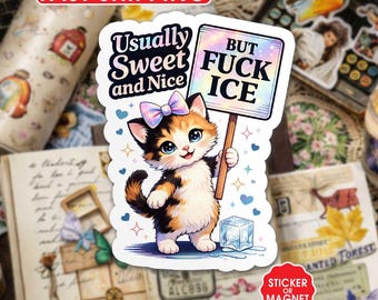 Puede incluir: Una pegatina o imán con un gatito de dibujos animados sosteniendo un cartel que dice "BUT FUCK ICE". La pegatina también dice "Usually Sweet and Nice". El gatito tiene un lazo y está rodeado de corazones y un cubo de hielo.