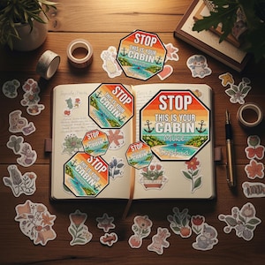 May include: An open journal with stickers and decorative tape on a wooden surface. Several octagonal stickers read "STOP THIS IS YOUR CABIN" with a beach scene. Other stickers include floral and animal designs. A pen and a small potted plant are also visible.