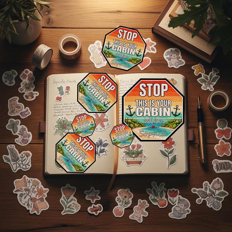 May include: An open journal with stickers and decorative tape on a wooden surface. Several octagonal stickers read "STOP THIS IS YOUR CABIN" with a beach scene. Other stickers include floral and animal designs. A pen and a small potted plant are also visible.
