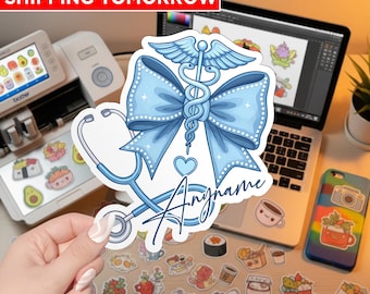 Custom Nurse Name Sticker, Personalized RN Bow Stethoscope Vinyl Decal, Waterproof Die-Cut Sticker for Water Bottle Laptop Hard Hat Gift