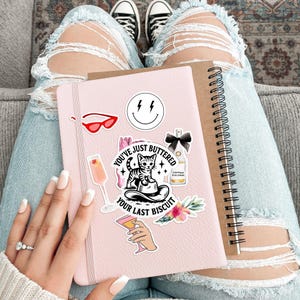 May include: A pink notebook adorned with stickers, including a smiling face, red sunglasses, and a cat with the text "You've Just Buttered Your Last Biscuit." A brown spiral-bound notebook rests beside it. The image is set against a background of ripped blue jeans.