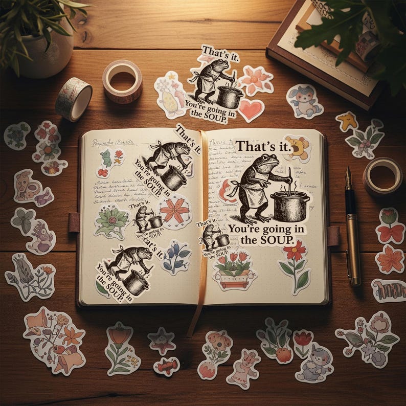 May include: An open notebook with handwritten notes and decorative stickers scattered around. The stickers feature a frog chef with the text "You're going in the SOUP" and "That's it." Floral and animal-themed stickers are also present.