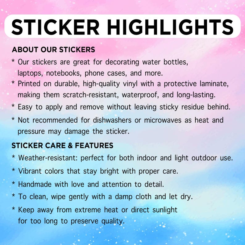 Puede incluir: Imagen con el texto "STICKER HIGHLIGHTS" y vi&ntilde;etas que describen las caracter&iacute;sticas de las pegatinas. Las pegatinas son duraderas, impermeables y f&aacute;ciles de aplicar. Son adecuadas para botellas de agua, ordenadores port&aacute;tiles y cuadernos. La imagen tiene un fondo colorido.