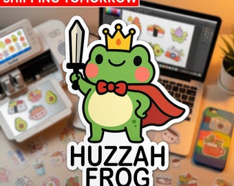 Huzzah Frog with Sword Sticker, Funny Medieval Frog Knight Sticker, Renaissance Faire Whimsical Frog Sticker for Laptop Water Bottle Gift