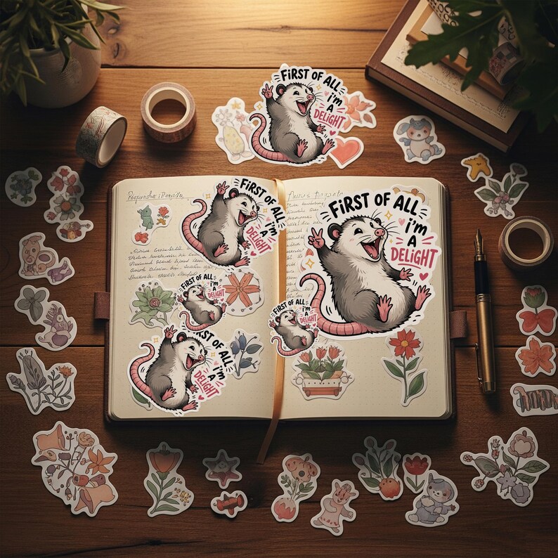 Puede incluir: Una colecci&oacute;n de pegatinas y art&iacute;culos de papeler&iacute;a dispuestos sobre una superficie de madera. Las pegatinas presentan un dibujo de zarig&uuml;eya con el texto "First of all, I'm a Delight". Otras pegatinas incluyen dise&ntilde;os florales y de animales.